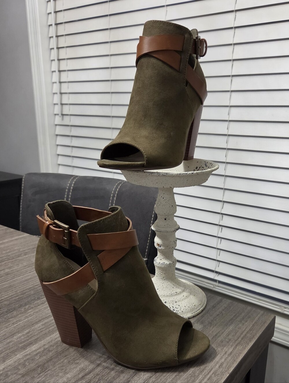 JustFab Olive Suede Open-Toe Ankle Booties with Tan Straps